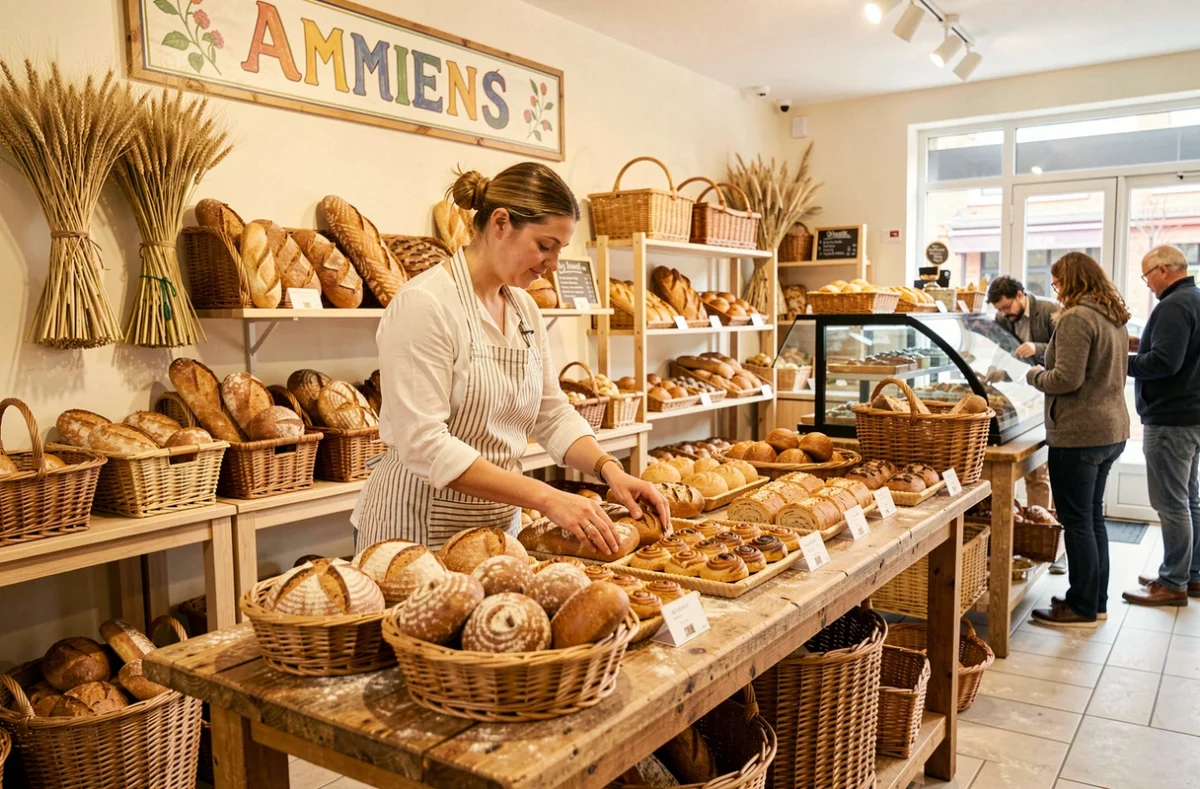 Boulangère des Épicuriens à Amiens disposant des pains spéciaux et pâtisseries régionales sur un présentoir