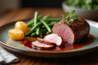 Magret de canard tranché avec pommes de terre rôties et sauce au vin rouge