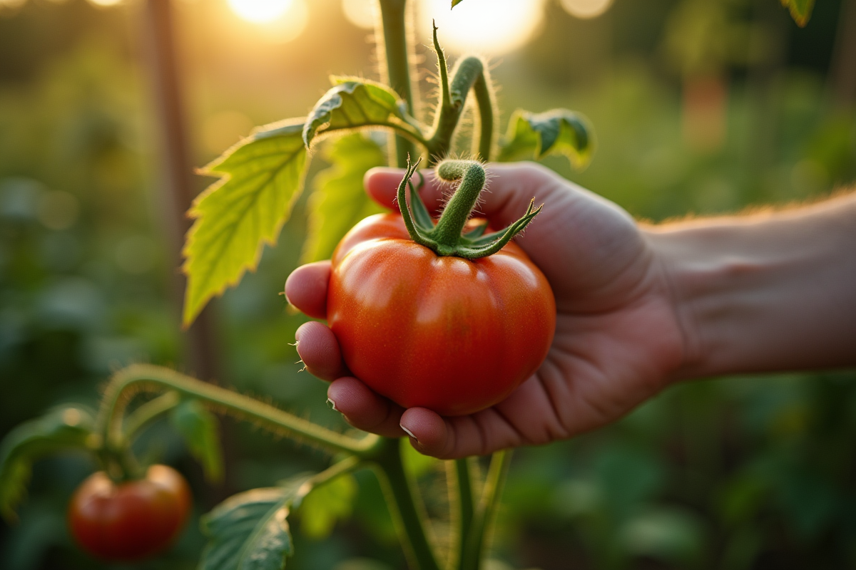 Main de jardinier tenant un zetomato dans un jardin verdoyant