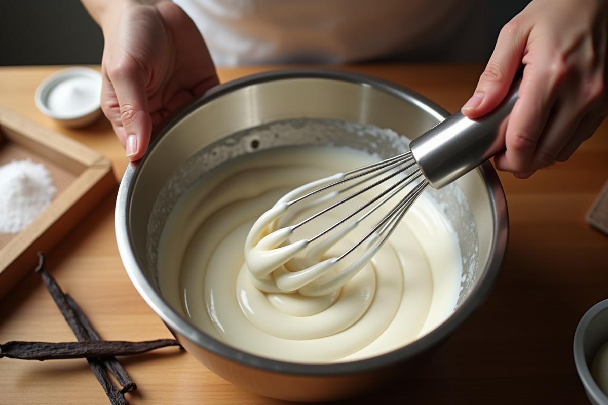 Mains fouettant la crème dans un bol en acier inoxydable