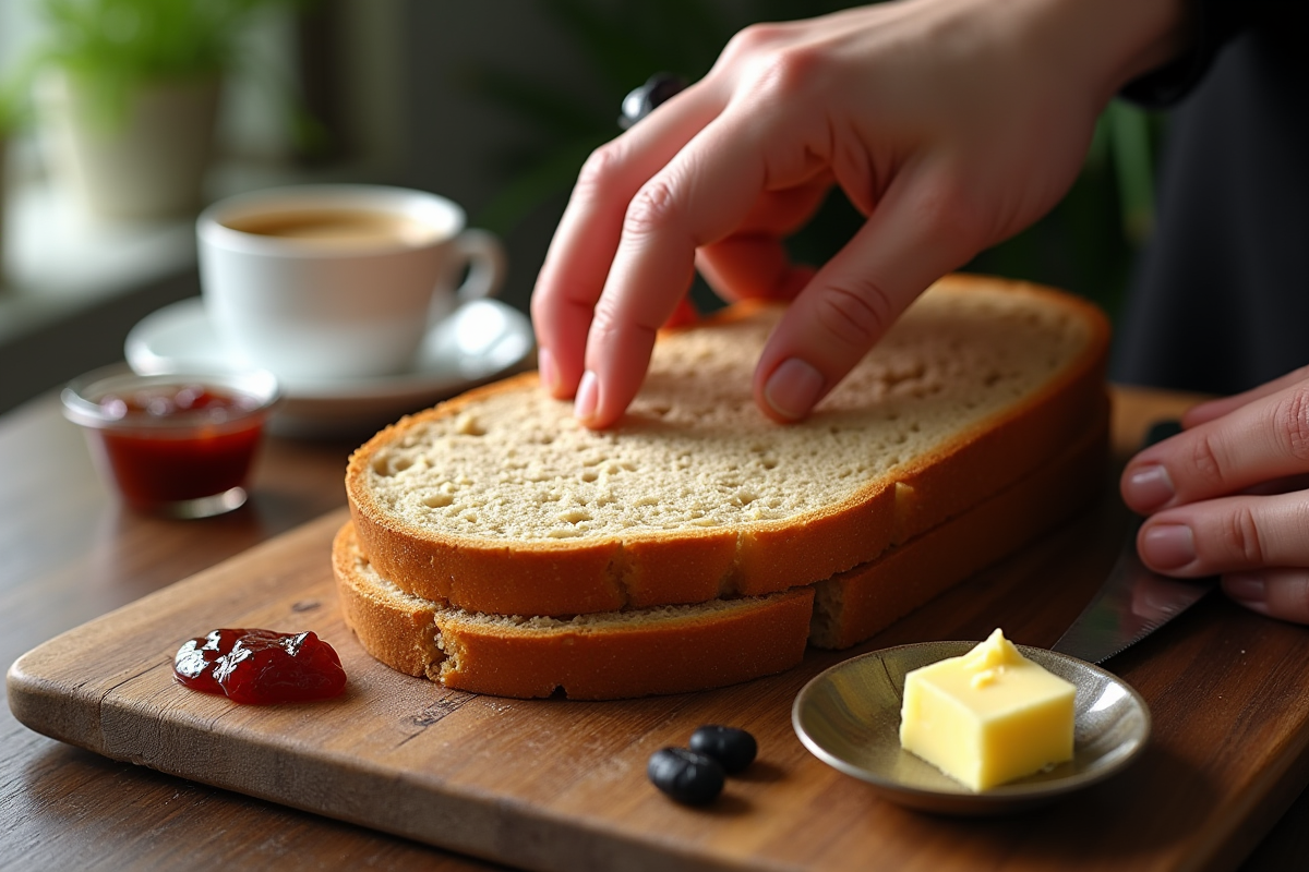 Mains prenant une tranche de pain complet avec confiture et café