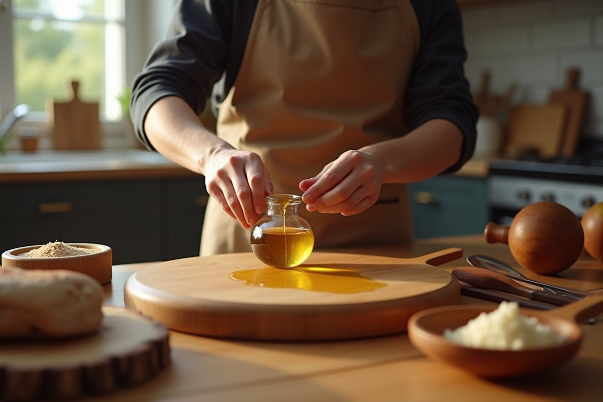 Mains versant de l huile sur une planche en bois dans une cuisine moderne