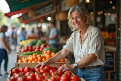Femme souriante choisissant des tomates mûres au marché