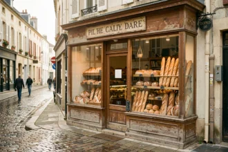Devanture d'une boulangerie artisanale dans les Hauts-de-France avec des baguettes dorées en vitrine