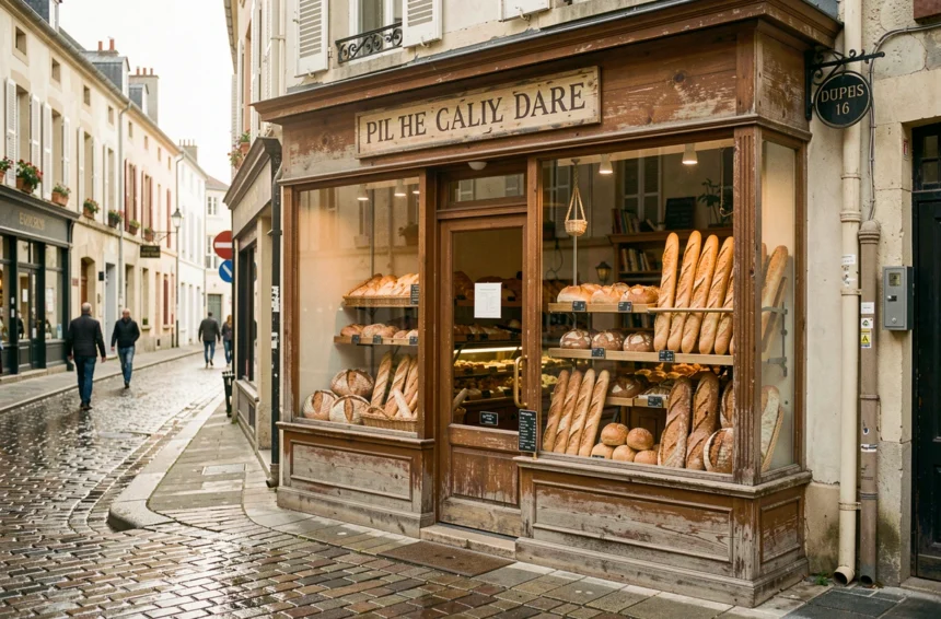 Devanture d'une boulangerie artisanale dans les Hauts-de-France avec des baguettes dorées en vitrine