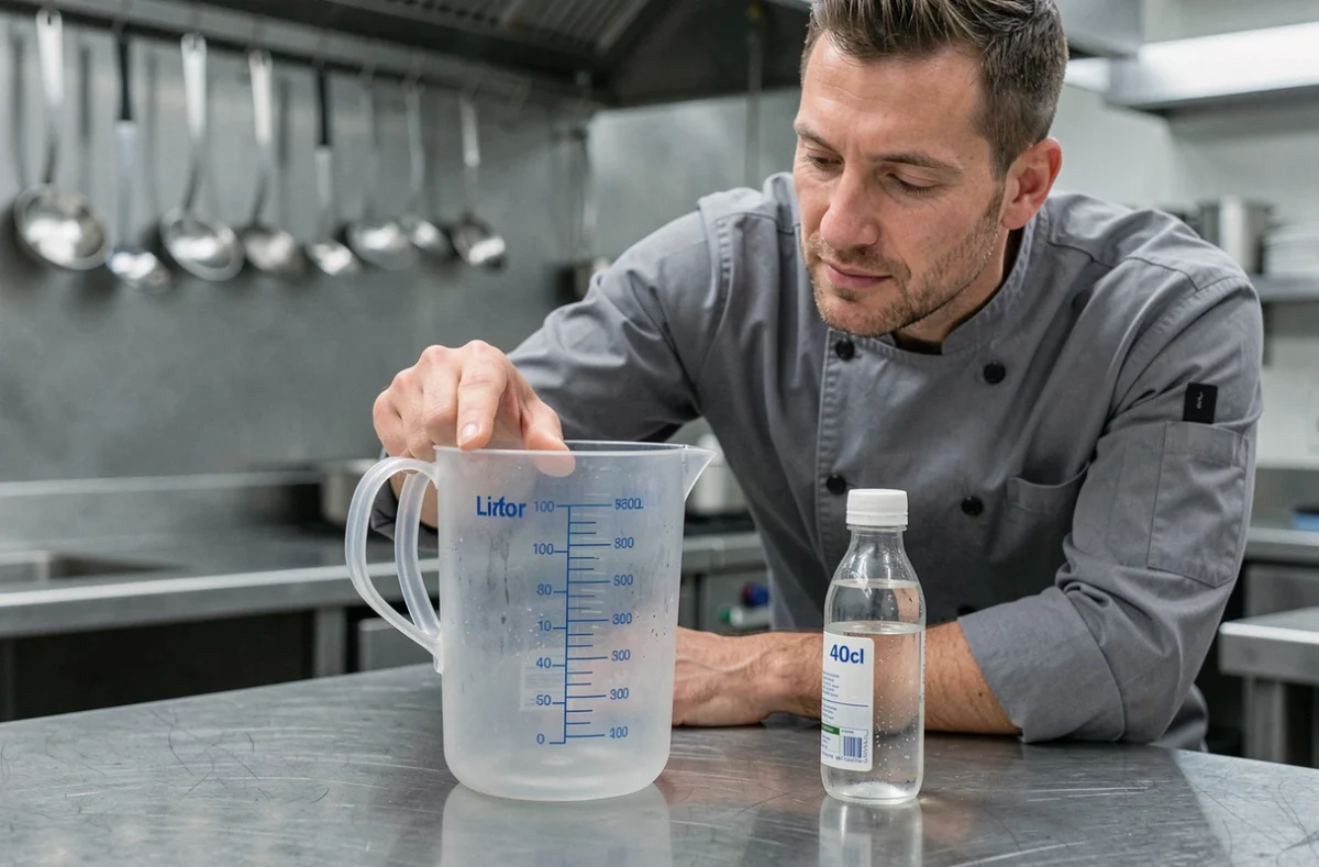 Chef professionnel comparant une bouteille de 40 cl avec un pichet gradué d'un litre dans une cuisine de restaurant