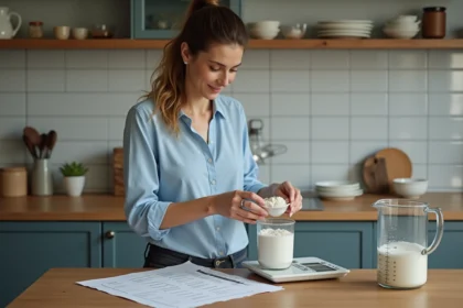 Femme mesurant 125g de farine dans une cuisine chaleureuse