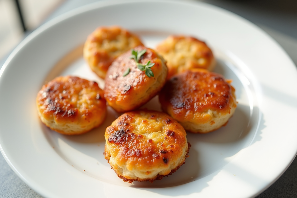 Mini gâteaux au chorizo sur assiette blanche lumineuse