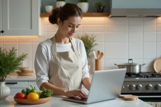 Femme utilisant un minuteur cuisson en ligne sur ordinateur portable dans une cuisine moderne