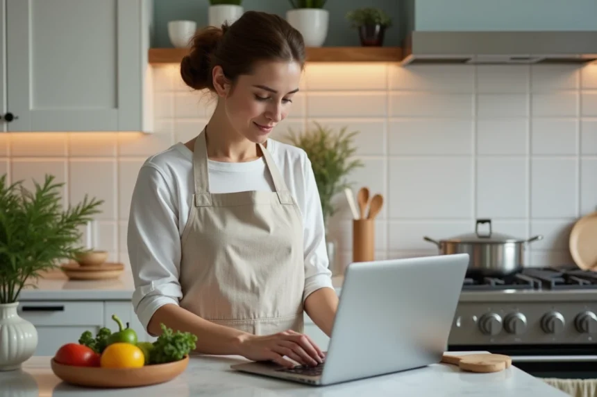 Femme utilisant un minuteur cuisson en ligne sur ordinateur portable dans une cuisine moderne