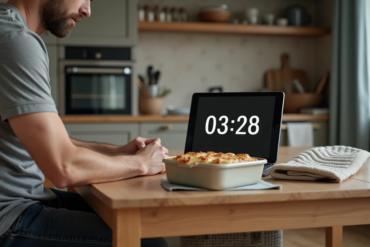 Homme consultant un minuteur cuisson en ligne sur tablette avec plat sorti du four