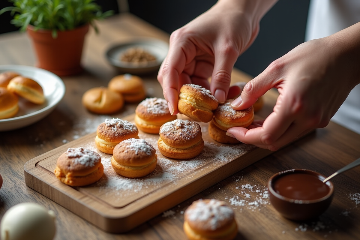 Préparation de profiteroles avec ingrédients sur planche en bois