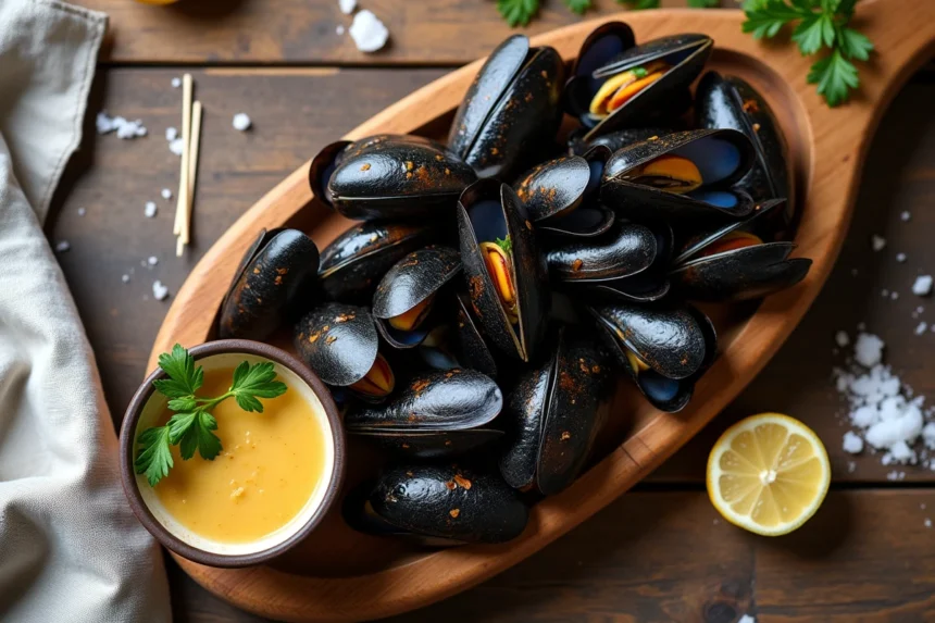 Moules vapeur servies sur une planche en bois rustique avec une sauce à tremper crémeuse pour un apéro dinatoire convivial