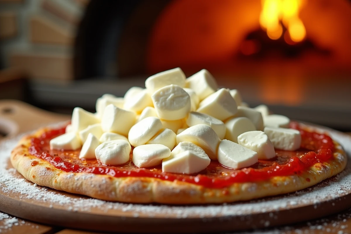 Mozzarella fior di latte fraîche étalée sur une base de sauce tomate pour pizza italienne