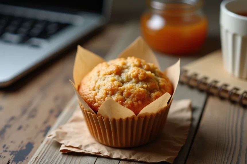 Muffin à la compote de pomme maison dans un emballage kraft posé sur un bureau en bois avec une tasse de café réutilisable