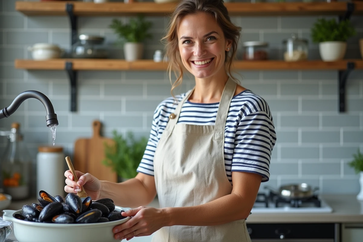 Femme nettoyant des moules de bouchot fraîches sous l'eau dans une cuisine familiale moderne