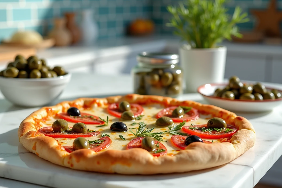 Pizza méditerranéenne garnie d'olives taggiasca, de câpres et d'origan frais sur croûte dorée
