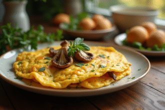 Omelette aux girolles et herbes fraîches sur table ensoleillée