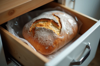 Pain sourdough frais enroule dans un film plastique dans un congélateur
