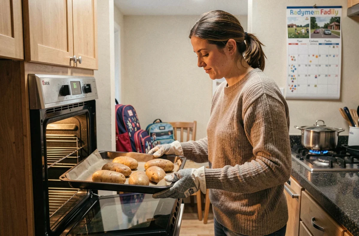 Parent sortant des pommes de terre au four du four un soir de semaine dans une cuisine familiale animée