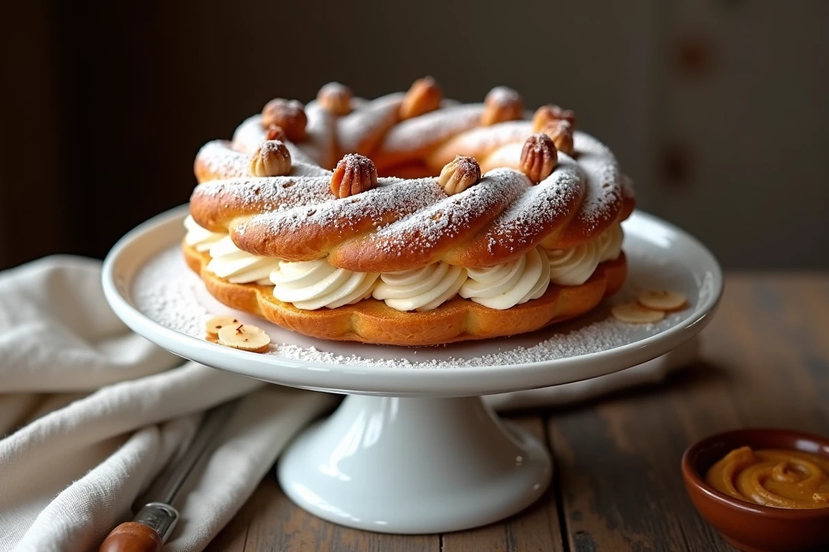 Paris-Brest garni de crème mousseline praliné sur présentoir blanc avec noisettes caramélisées et sucre glace