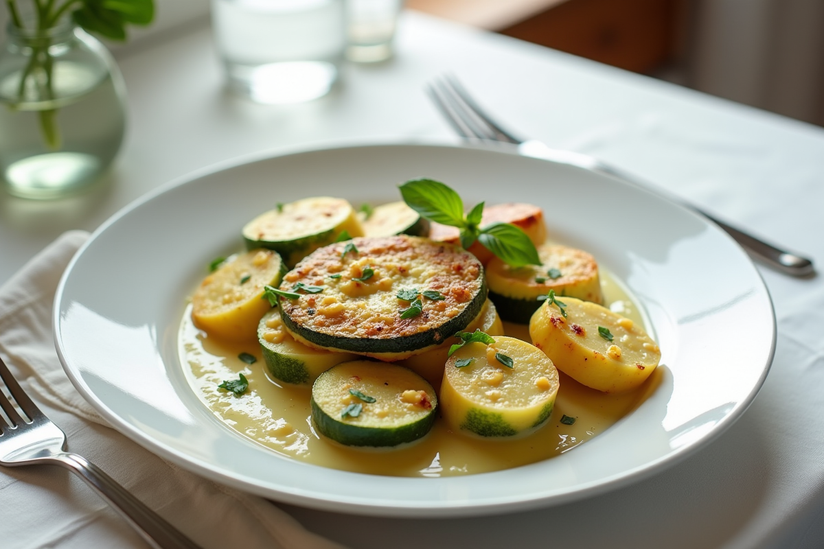 Part de gratin de courgettes et pommes de terre sur assiette moderne