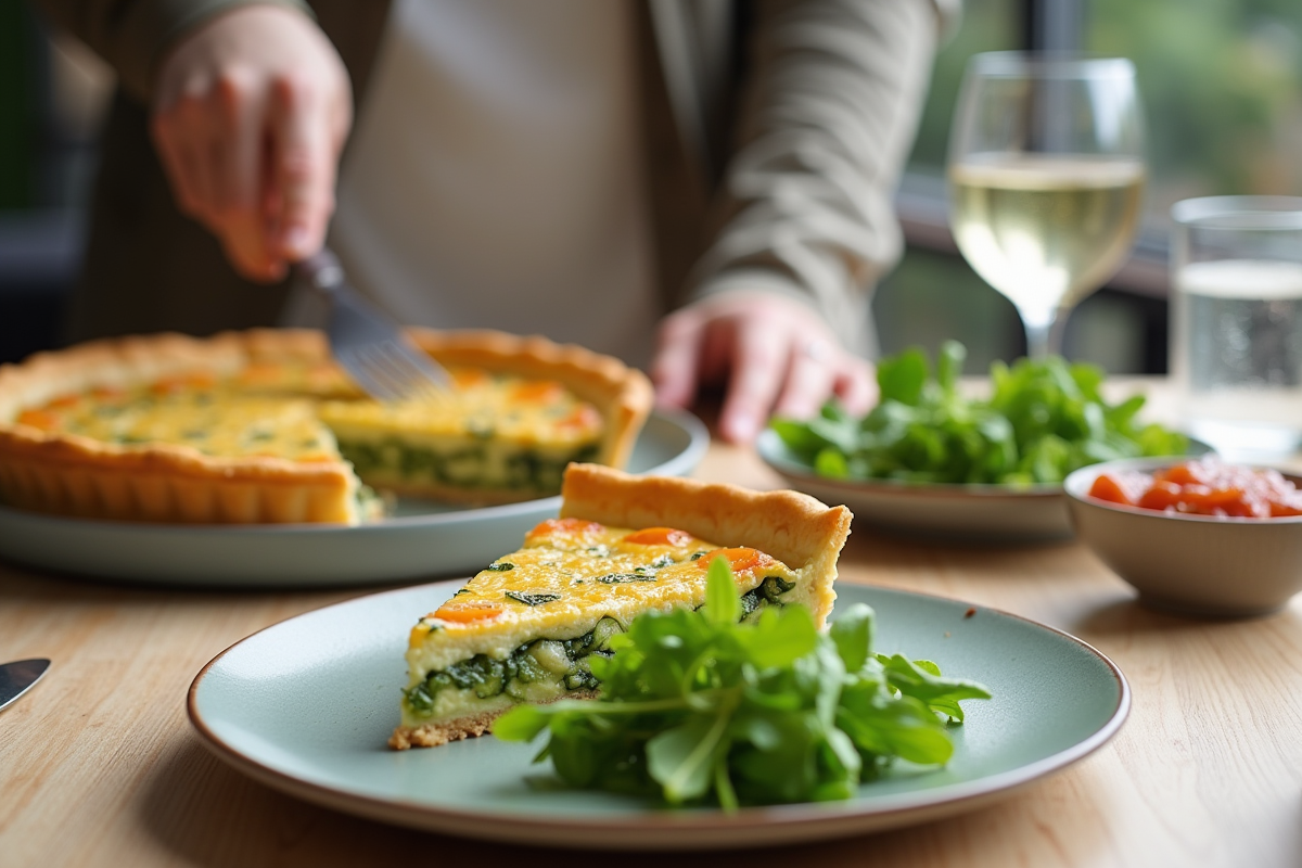 Personne servant une part de quiche zucchini avec salade verte
