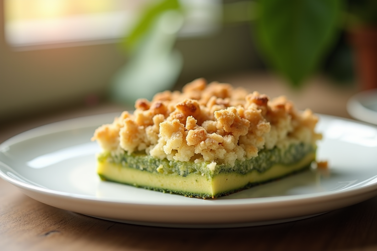 Partie de crumble zucchini sur une assiette blanche en gros plan