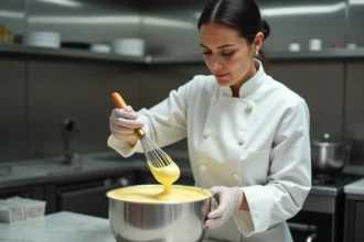 Cheffe pâtissière préparant une pâte à bombe au bain-marie dans une cuisine professionnelle, respectant les règles d'hygiène alimentaire