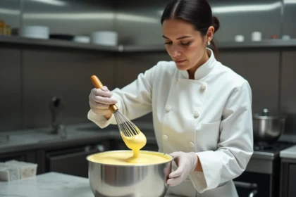 Cheffe pâtissière préparant une pâte à bombe au bain-marie dans une cuisine professionnelle, respectant les règles d'hygiène alimentaire