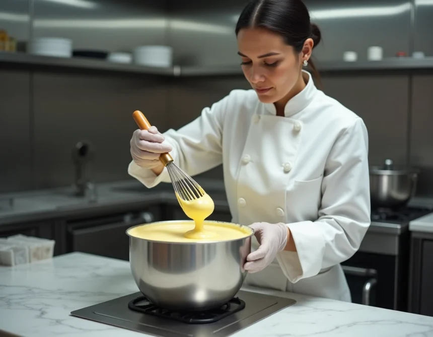 Cheffe pâtissière préparant une pâte à bombe au bain-marie dans une cuisine professionnelle, respectant les règles d'hygiène alimentaire