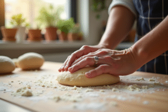 Mains de boulanger préparant la pâte à pain maison