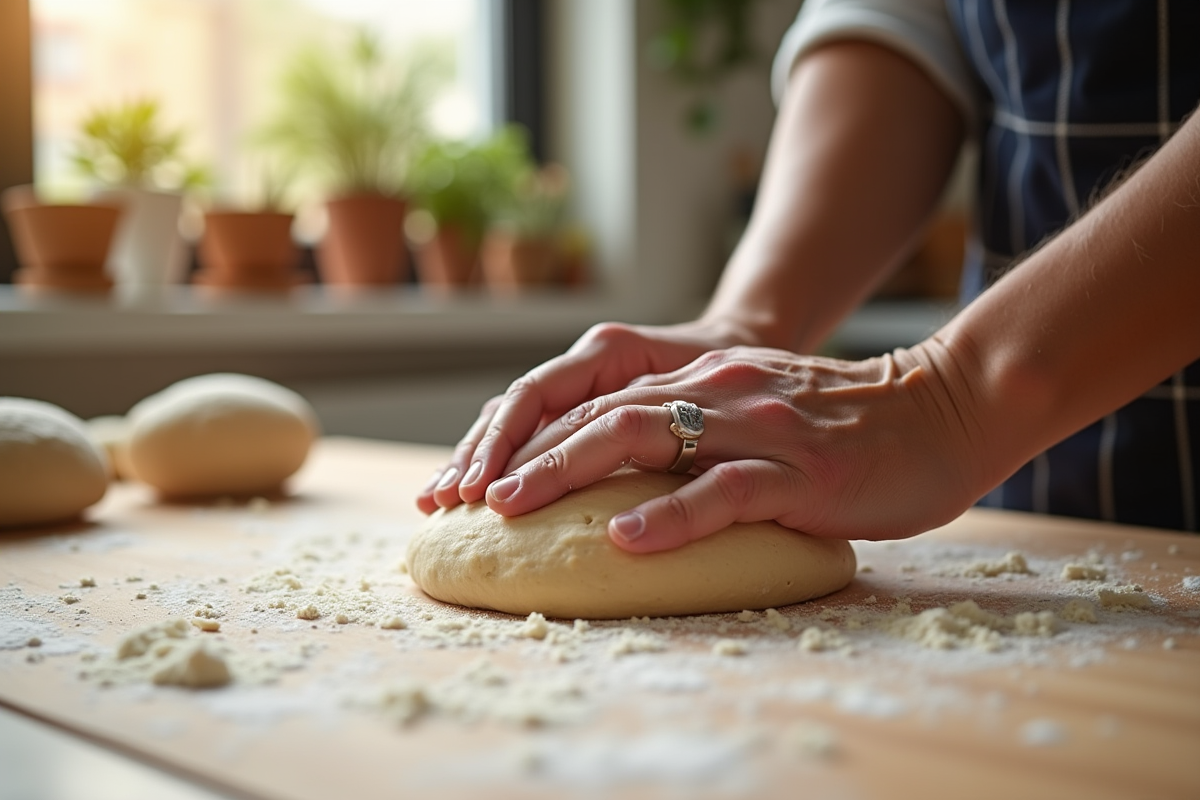 Mains de boulanger préparant la pâte à pain maison
