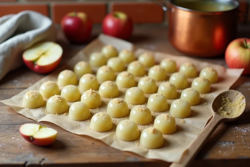 Pâtes de fruit maison à la pomme dorées et saupoudrées de sucre, disposées sur du papier sulfurisé dans une cuisine rustique