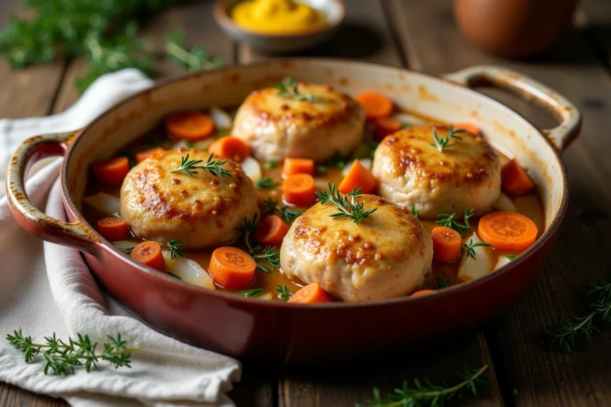 Paupiettes de porc dorées au four dans un plat en céramique rustique avec carottes et herbes aromatiques