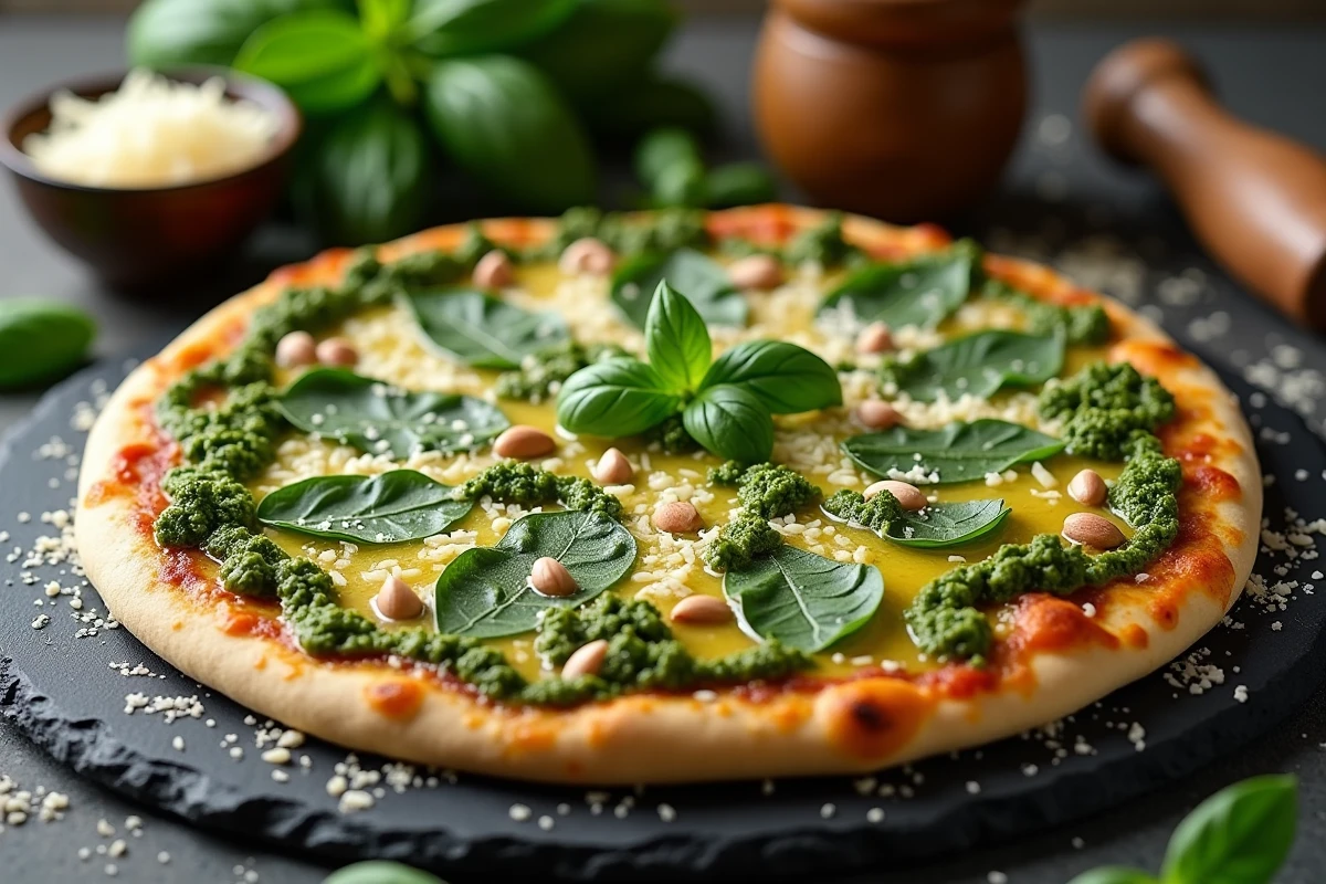 Base de pizza généreusement couverte de pesto alla genovese au basilic et pignons de pin