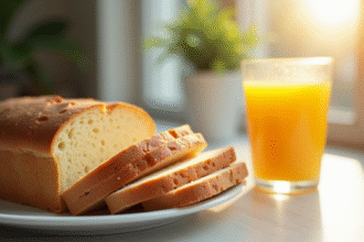 Table de petit déjeuner avec pain frais et jus d'orange