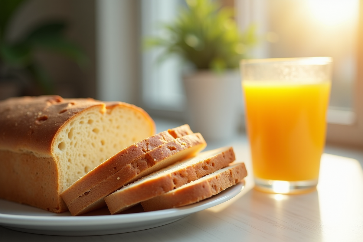 Table de petit déjeuner avec pain frais et jus d'orange