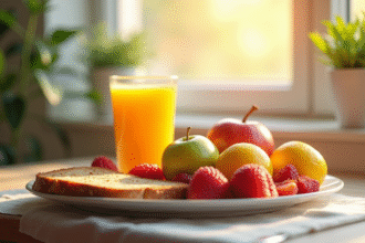 Petit déjeuner sain avec fruits colorés et jus d'orange