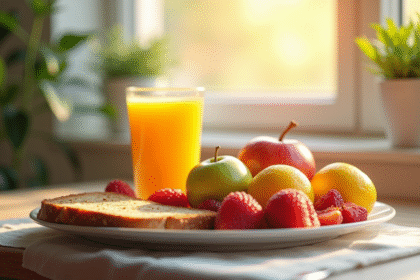 Petit déjeuner sain avec fruits colorés et jus d'orange