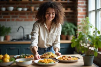 Jeune femme arrangeant un brunch vegetarien dans une cuisine lumineuse