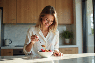 Femme préparant un bol de yogourt riche en protéines dans une cuisine lumineuse