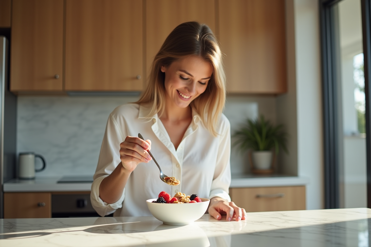 Femme préparant un bol de yogourt riche en protéines dans une cuisine lumineuse