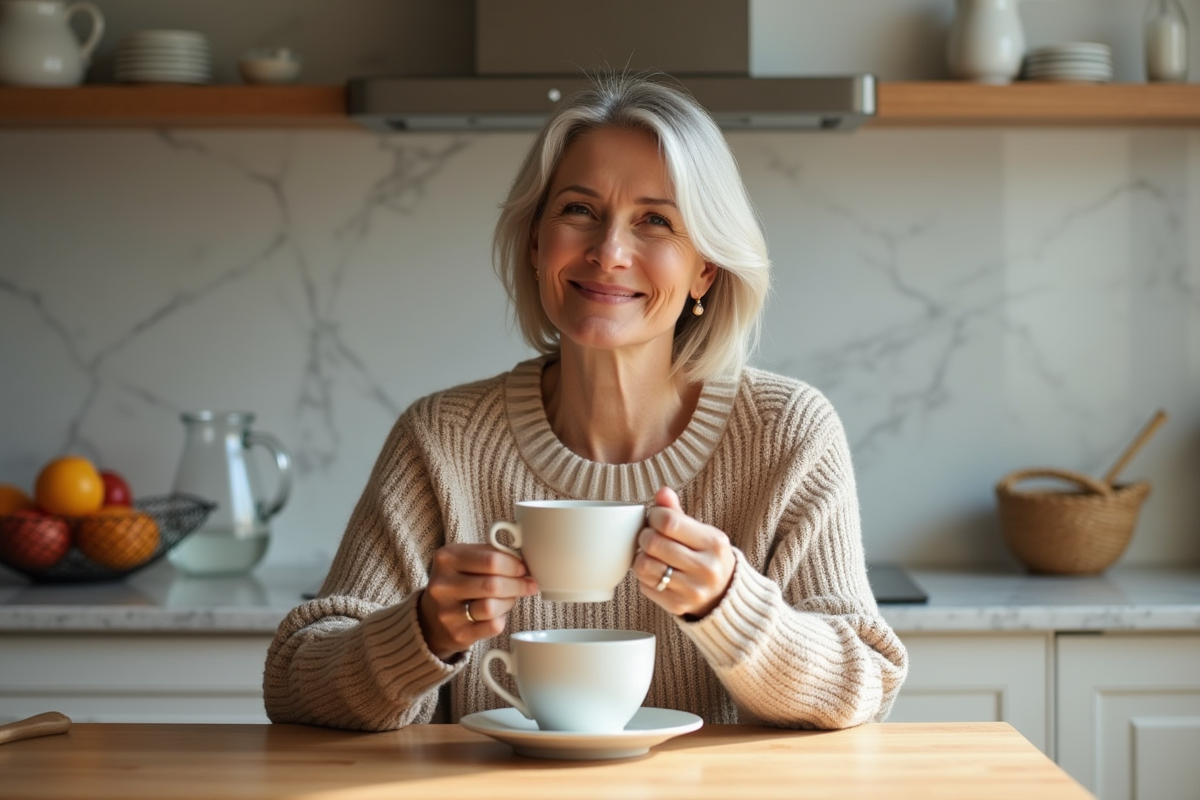 Femme d'âge moyen souriante avec tasse chaude dans la cuisine