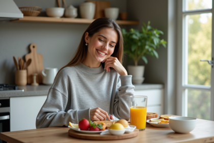 Jeune femme préparant un petit déjeuner équilibré