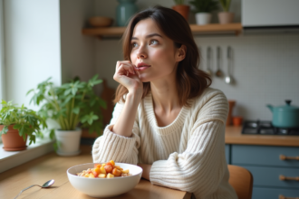 Femme dégustant un bol d'avoine dans la cuisine lumineuse