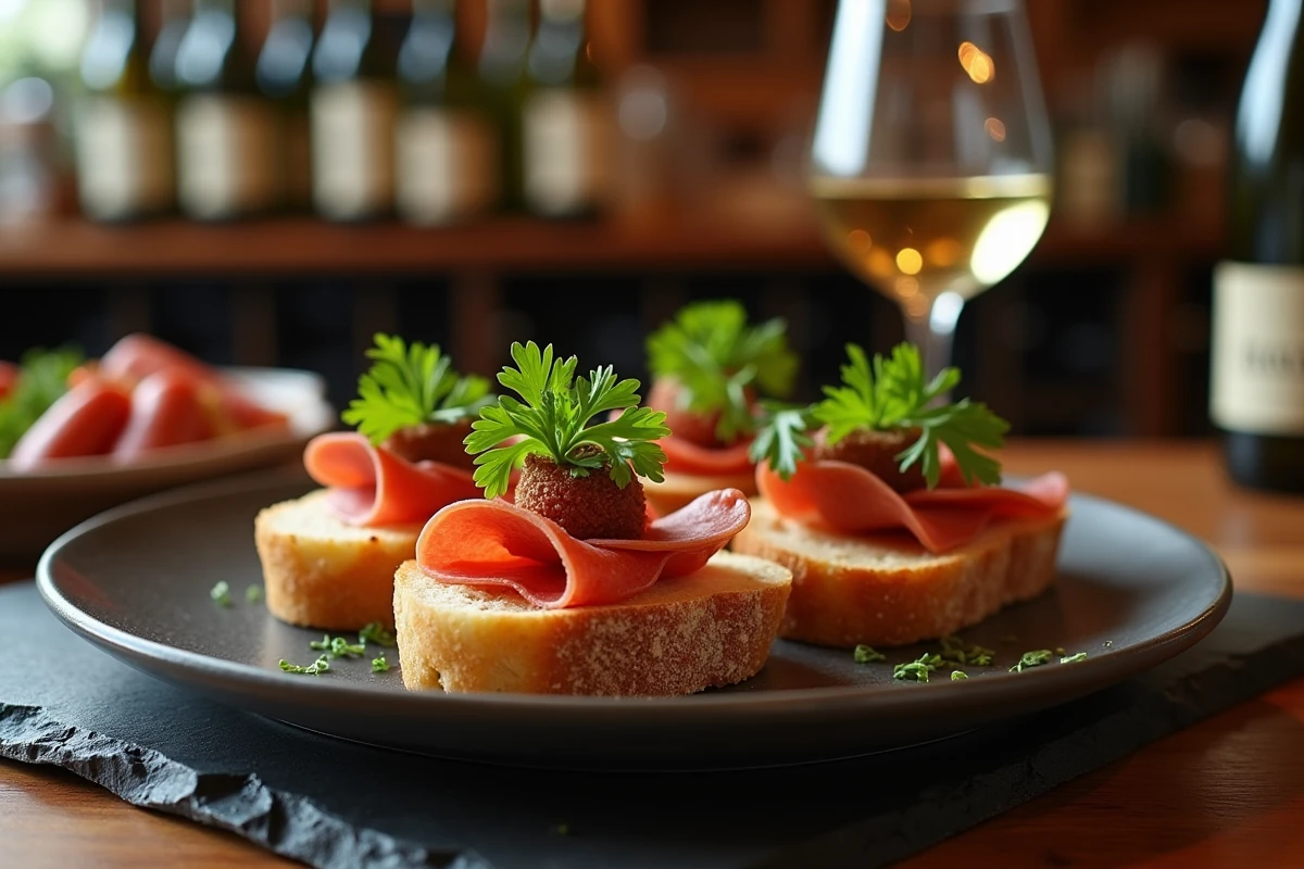 Assiette de pintxos basques avec chorizo, anchois et fromage Idiazabal dans une taverne de Dancharia