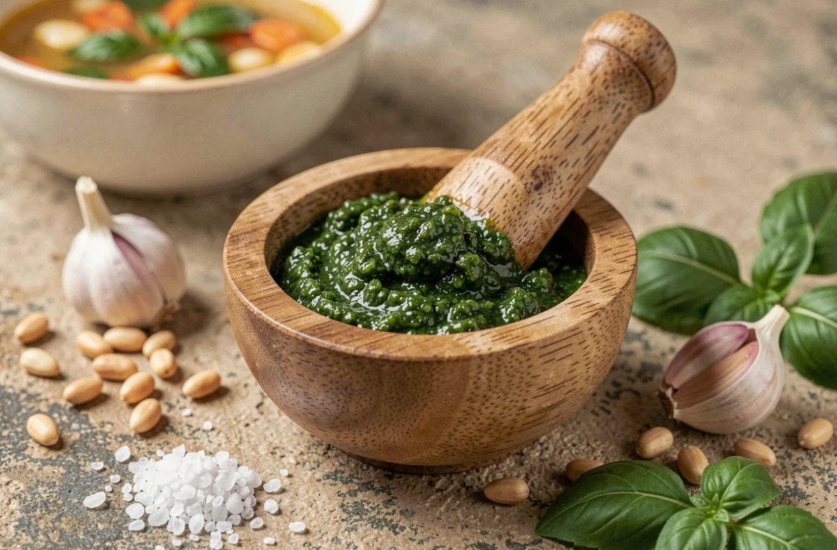 Pistou maison au basilic frais dans un mortier en bois avec ail et pignons de pin, ingrédient clé de la soupe provençale