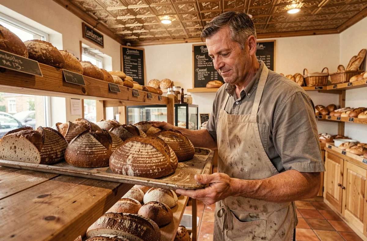 Boulanger de la boulangerie Pitman à Lambersart déposant des pains spéciaux sur une étagère