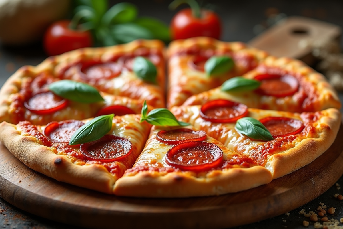 Pizza chorizo fraîche tranchée sur planche en bois